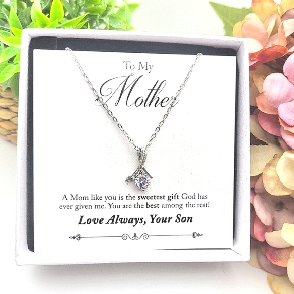 Silver ribbon pendant necklace in gift box, simulated diamond, To Mom from Son - Picture 3 of 3